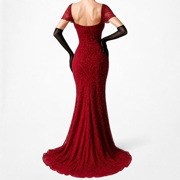 Vintage Red Beaded Fit Flared Silk Bodycon Maxi Prom Scarf Dress Size S/M - Picture 3 of 11